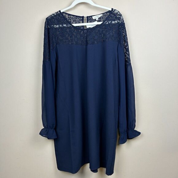 Umgee+ 1X Navy Blue Short Dress Lace Detail LS Flowy Comfort Feminine Event‎ - Picture 1 of 8